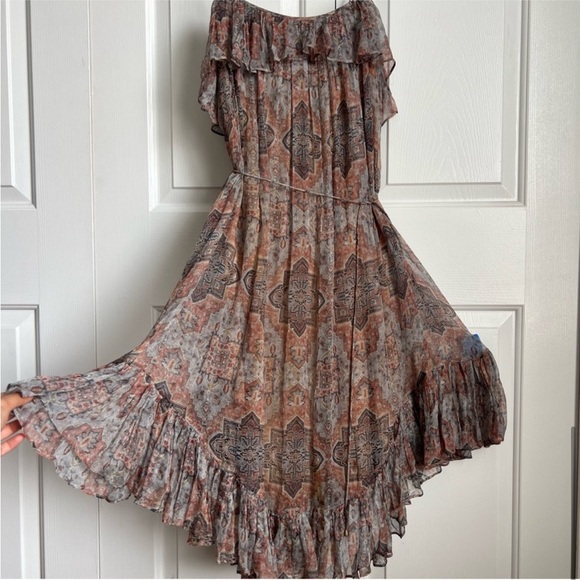 100% Silk Zimmermann Dress - Pleated Chiffon Ruffle Dress Boho Pink and Gray - Picture 7 of 16
